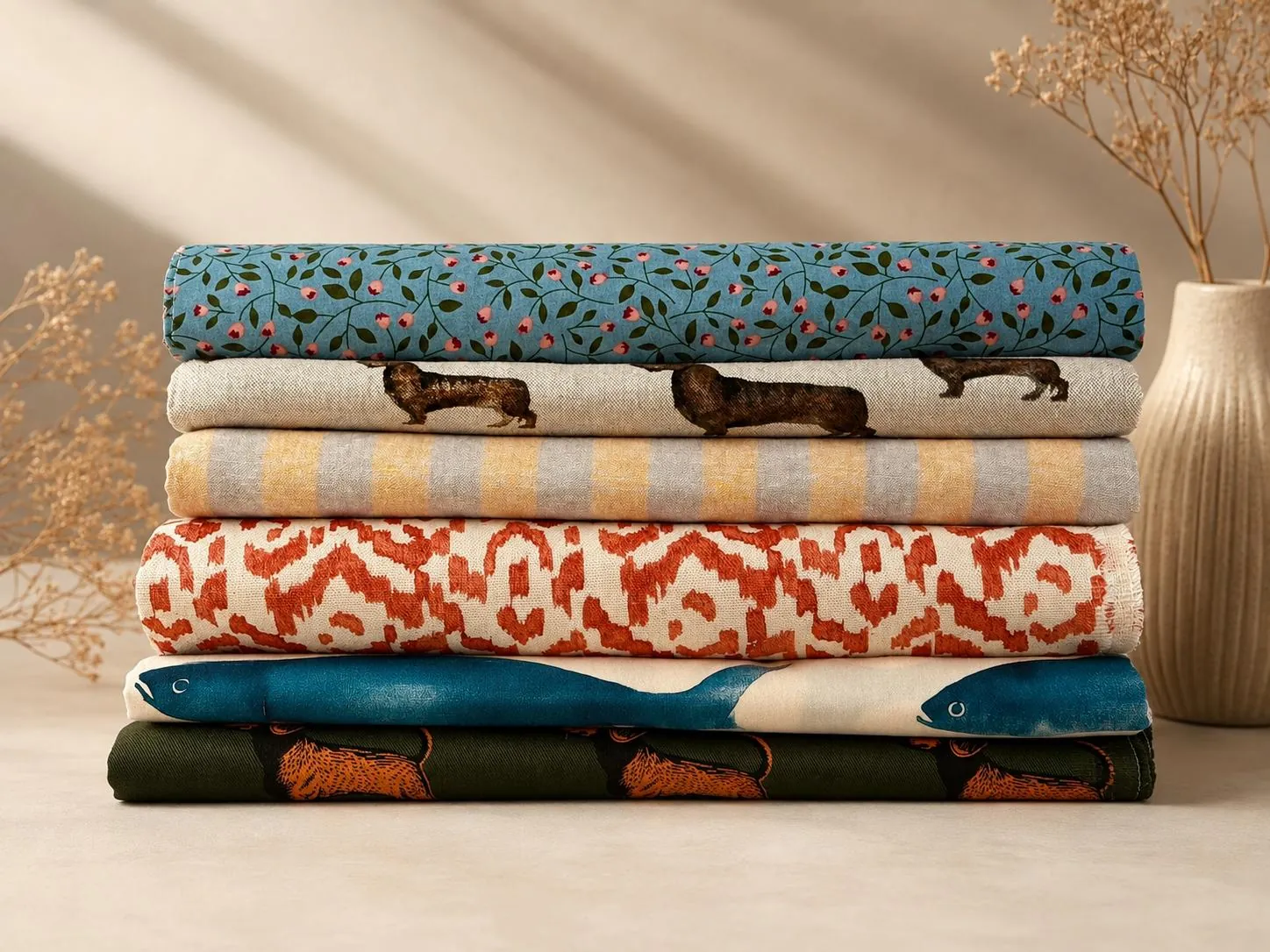 Stack of Twisked cotton and linen fabrics with unique prints
